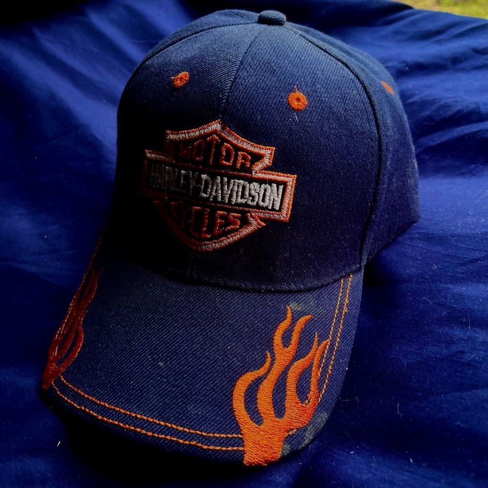 Harley-Davidson Black Strapback Hat with Flames Unisex Adjustable Cap